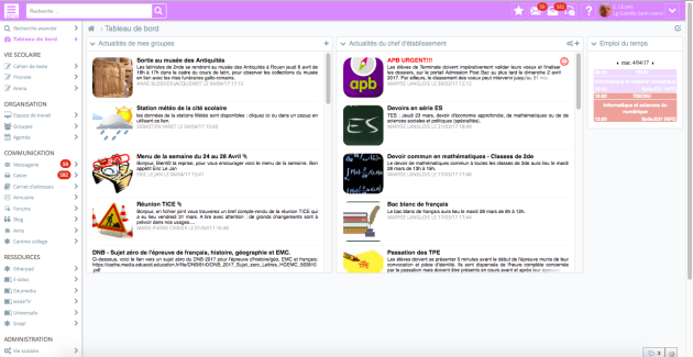 Tableau de bord de l'ENT.